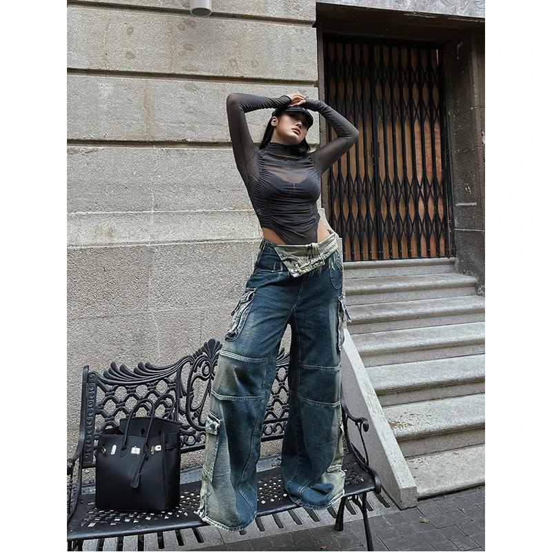 Calça jeans folgada reta feminina, calça jeans azul, calça larga