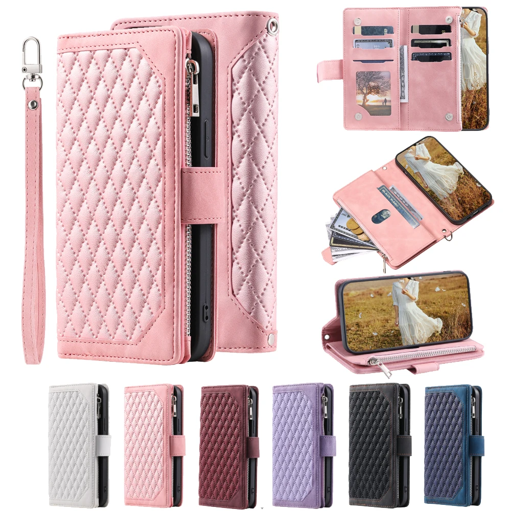 Fashion Zipper Wallet Case Xiaomi Mi Note 10 Pro Flip Cover Multi Card Slots Cover Phone Case Card Slot Folio with Wrist Strap