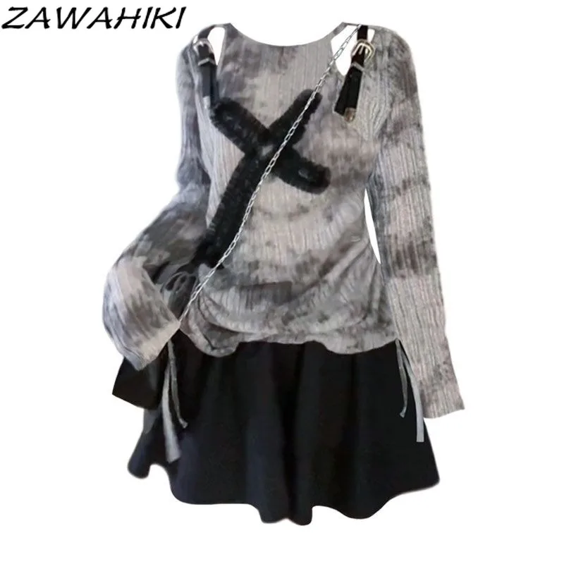 

Женский костюм Y2k, корейский топ на завязках, черные плиссированные повседневные женские юбки, модная офисная женская одежда