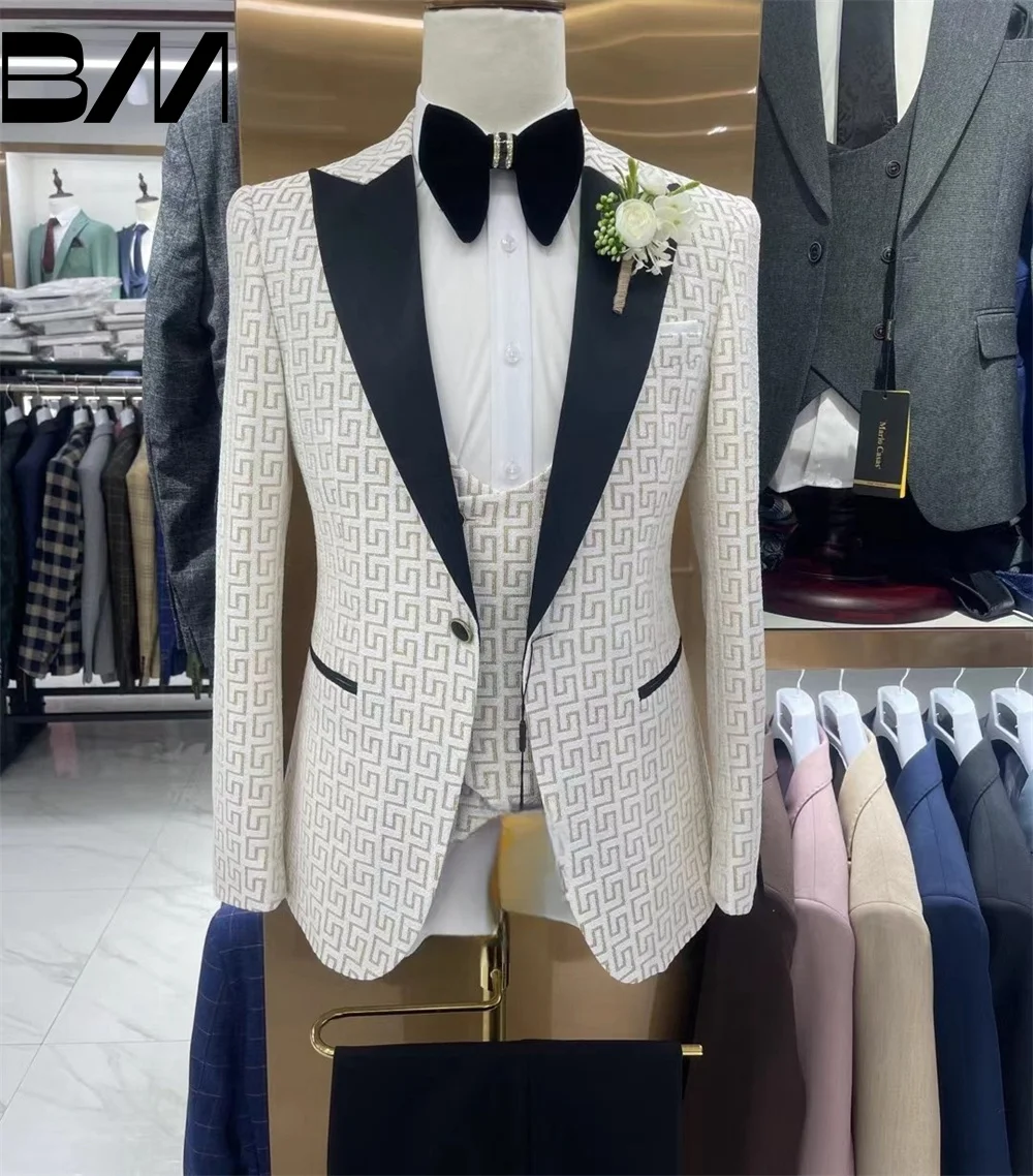 Men's Classic Printed Suit, Formal Wedding Suit, Host Suit, Contains Blazers, Pants, Vests, Groom Groomsman, 3Pcs