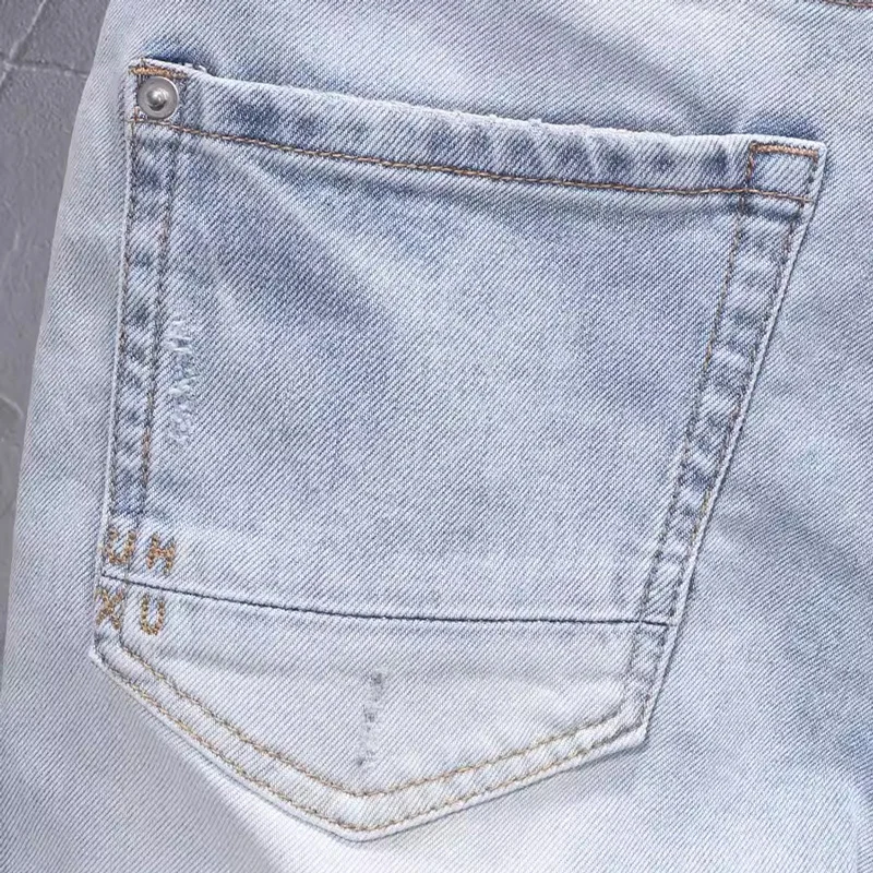 Summer Fashion Designer Short Jeans Men Retro Light Blue Stretch Slim Fit Ripped Jeans Patched Vintage Casual Denim Shorts Men