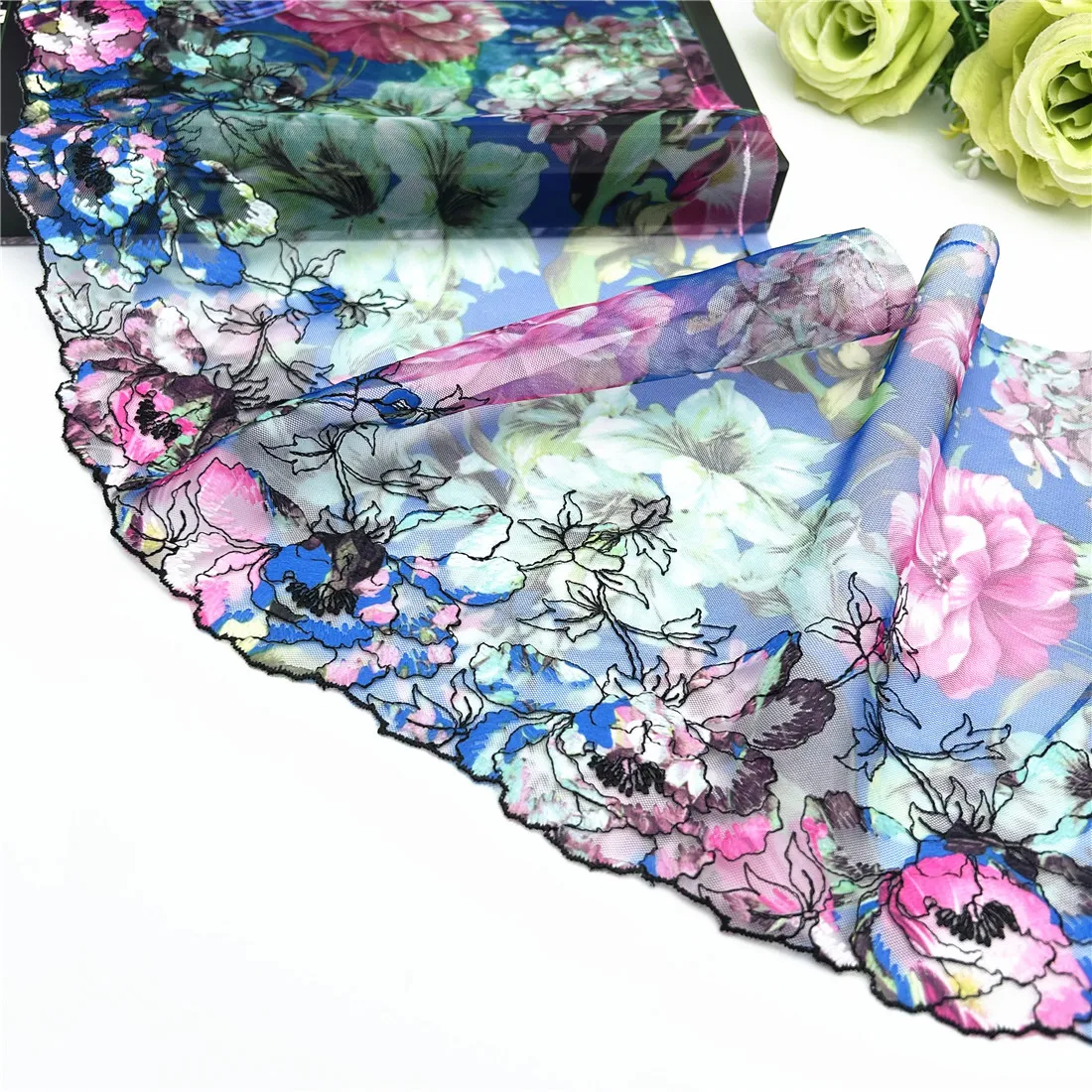 Width 8 1/4Inch 21cm Printed Floral Blue Embroidery Lace Trim Skirt Hem Underwear Sewing Material Craft DIY Apparel Fabric Lace 4