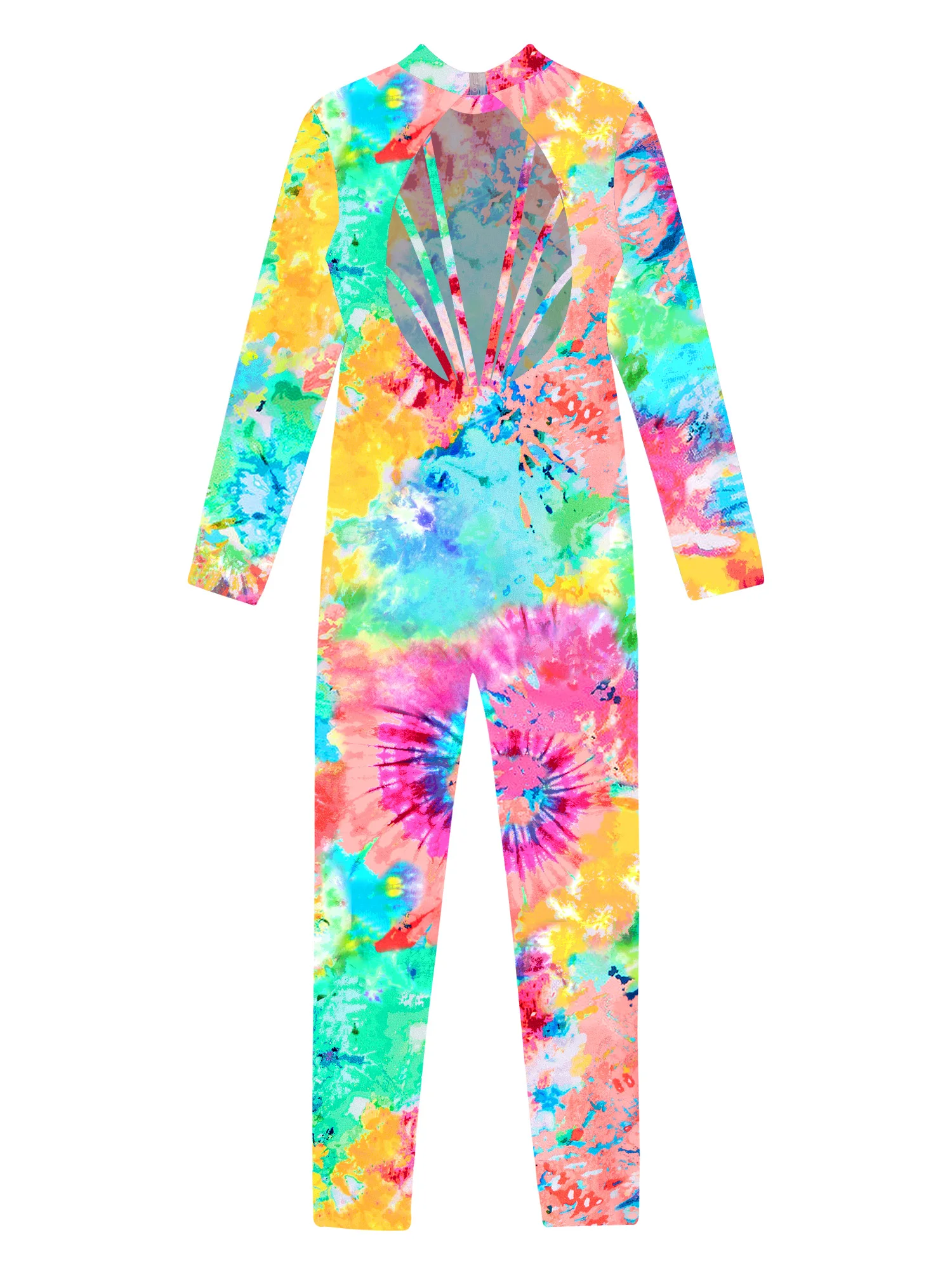 Kids Girls Tie Dye Printed Long Sleeve Criss Cross Back Bodysuit Jumpsuit Unitard for Ballet Dance Gymnastics Traini