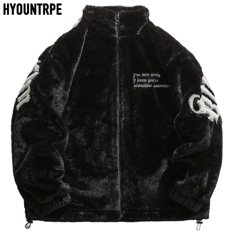Hip Hop Faux Fur Fleece Jacket Mens Embroidery Letter Streetwear Winter Thick Warm Loose Cotton Coat Harajuku Casual Outerwear