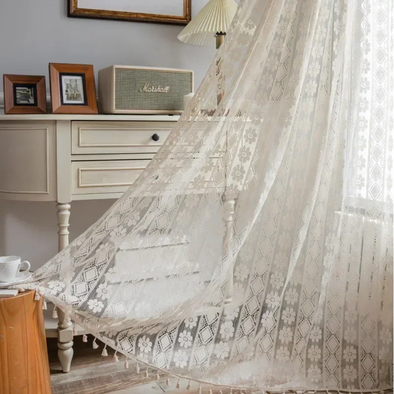 

New Minimalist Hollow Out Curtains Beige Floral Tassel Edge Curtains Decorative Window Shade for Partition Bay Windows in Rooms