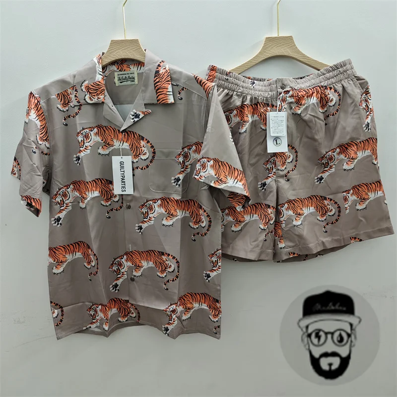 Free shipping wacko maria summer casual shirt, Hawaiian tiger short sleeved casual shorts, men's and women's floral shirt set