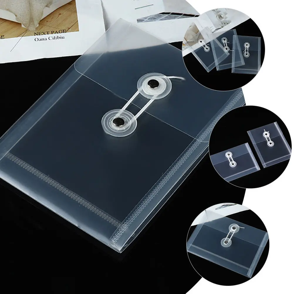 10Pcs A6 투명 플라스틱 파일 포켓(로프 랩 버튼 클로저 포함) 학교 사무실 문서 정리용 투명 파일