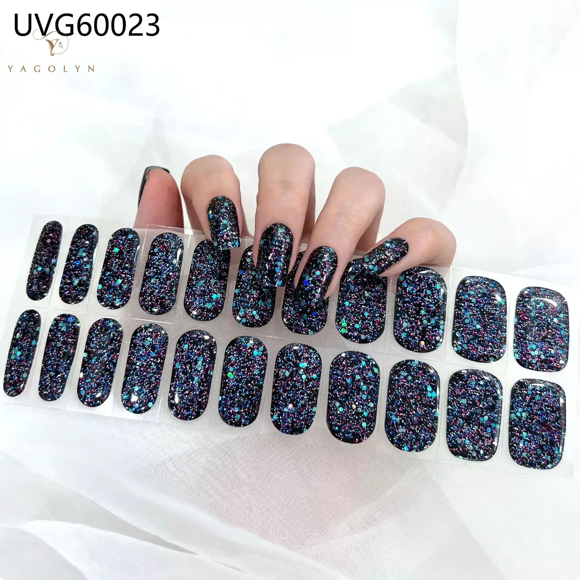 16/20Tips Semi-Cured Nail Wraps Flash Solid Adhesive Waterproof Long Lasting Gel Nail Stickers for UV Lamp Need Manicure