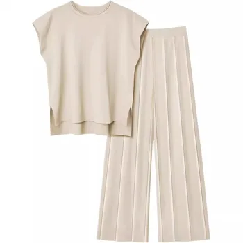 Stylish Women's Sleeveless Tank Top Knit Vest Wide-leg Pants Ice Silk Suit, Summer New Solid Color Casual Outfit 1