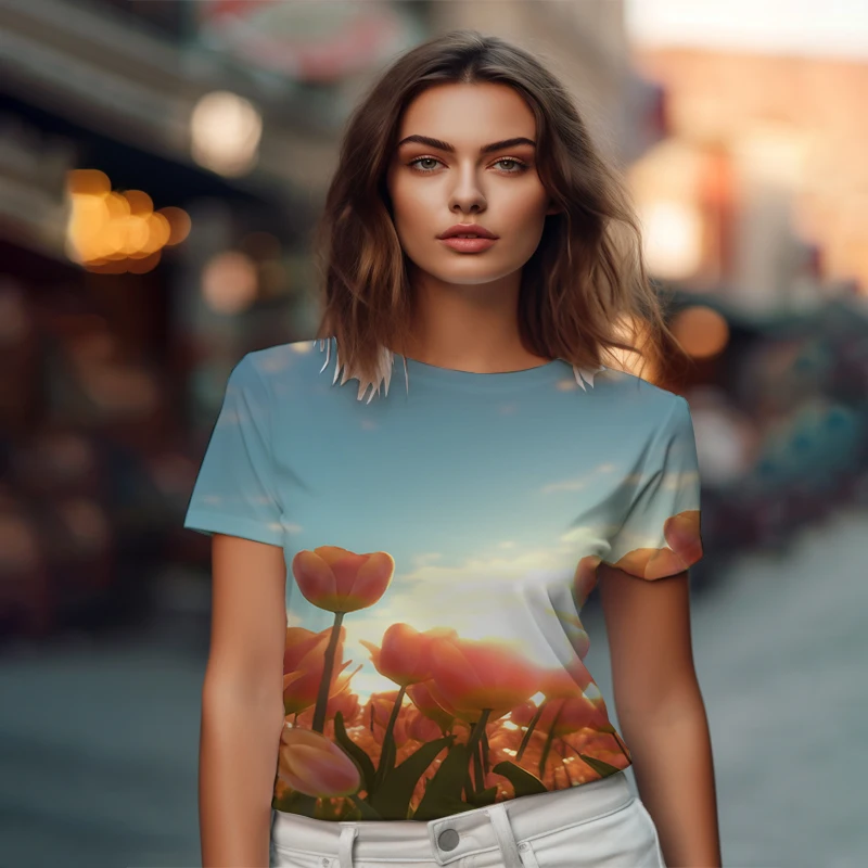 

Летняя новая женская футболка с цветочным принтом тюльпана, женская футболка с 3D принтом, милая повседневная женская футболка, модная трендовая женская футболка