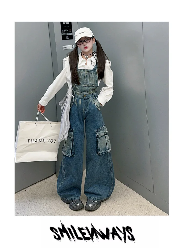 2025 Spring/Autumn Girls Denim Overalls Trendy Detachable Wide-Leg Jeans for Kids Stylish Versatile Casual Two Wear Trousers