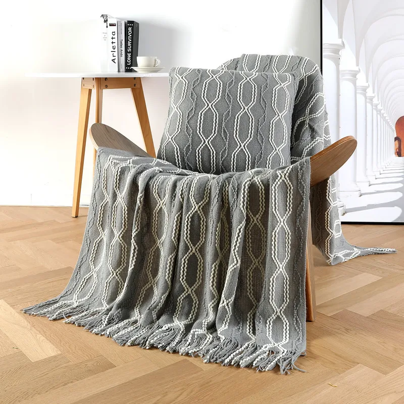 

Orange Green Pink Grey Throw Blanket For Couch Soft Woven Wool Jacquard Tassels Throws Blankets