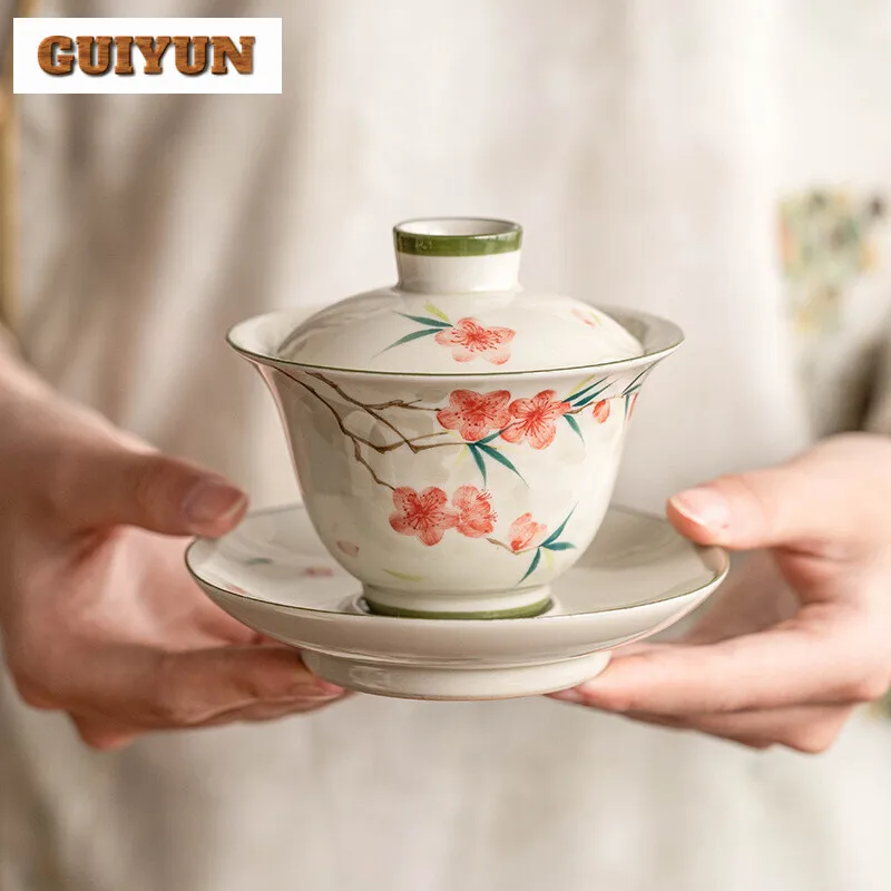 110ml Hand-painted Peach Blossom Gaiwan Traditional Three Talent Tea Tureen Tea Maker Cover Bowl Services Supplies Craft