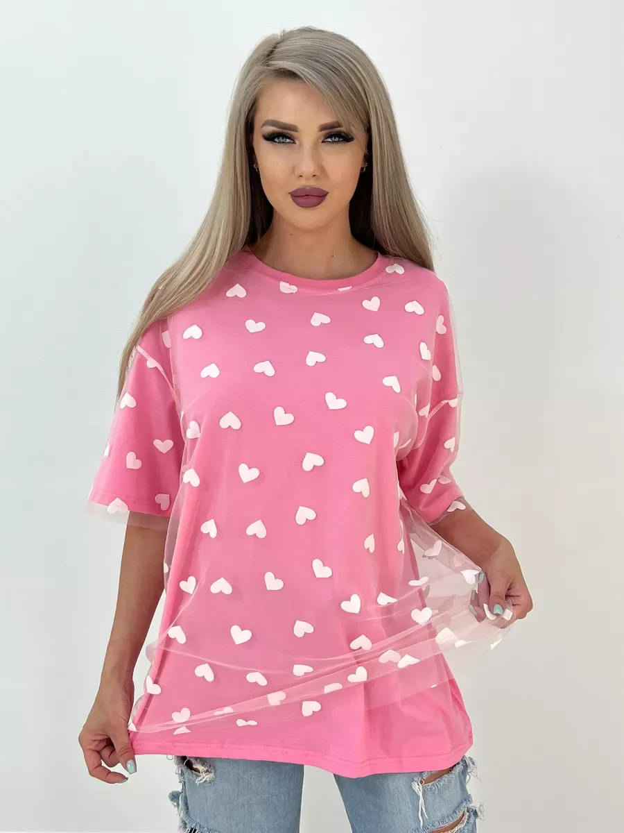 Heart Mesh Patchwork Vintage Chic T-Shirt - Women's Casual Cotton Short Sleeve Tops