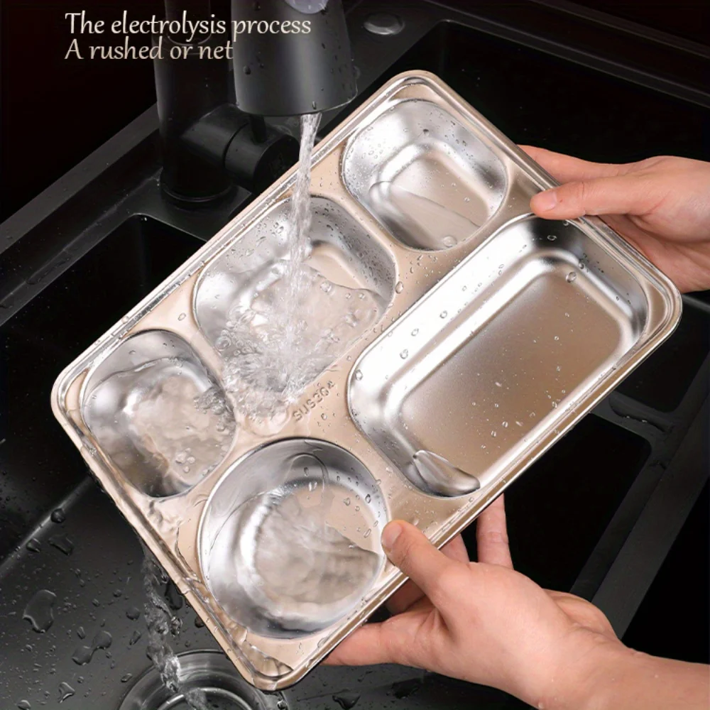 SUS304Stainless steel deepened and thickened dining plate, five grid fast food plate, partitioned meal box, cafeteria restaurant