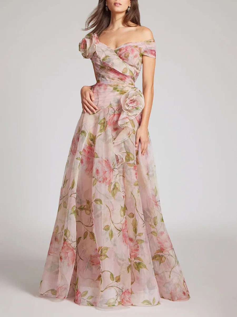 Evening Dresses for Women Sweet Floral Printing Slash Neck Short Sleeve High Waist Spliced Appliques Long Party Dress Female