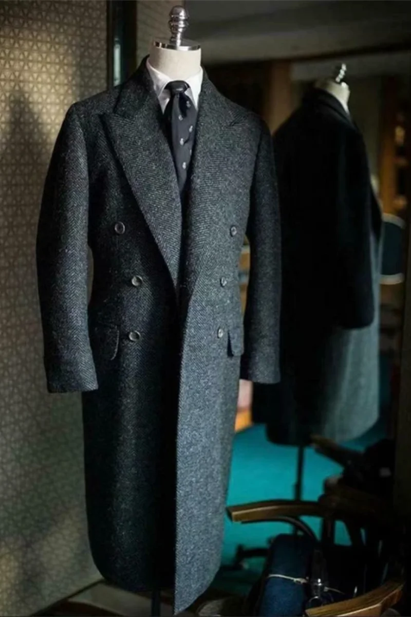 Men Suits Jackets Herringbone Suit Jackets Men Tweed Wool Blend Trench Coat Long Double Breasted Overcoat Military Business Blazer Tailore