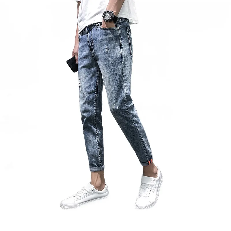 2023 Social and Spiritual Guy, Broken Hole, Beggar Jeans, Male Internet Red, Slim Fit, Casual, Fashion, Small Feet Cropped Pants 2