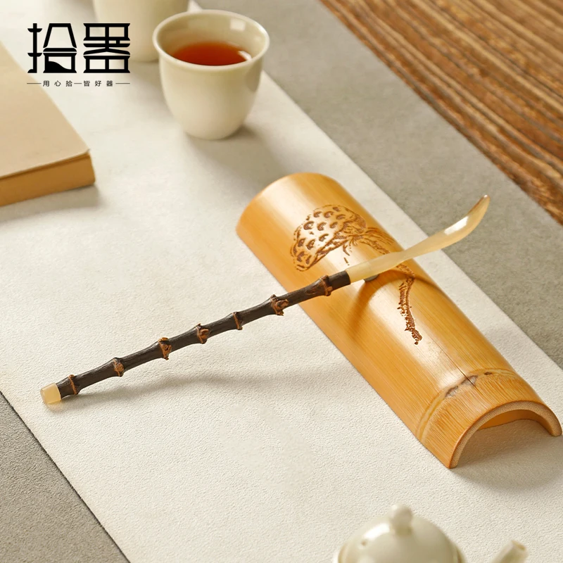 Handmade purple bamboo whip handle ox horn head tea pull tea needle hairpin scoop grilled ceremony six gentleman spa