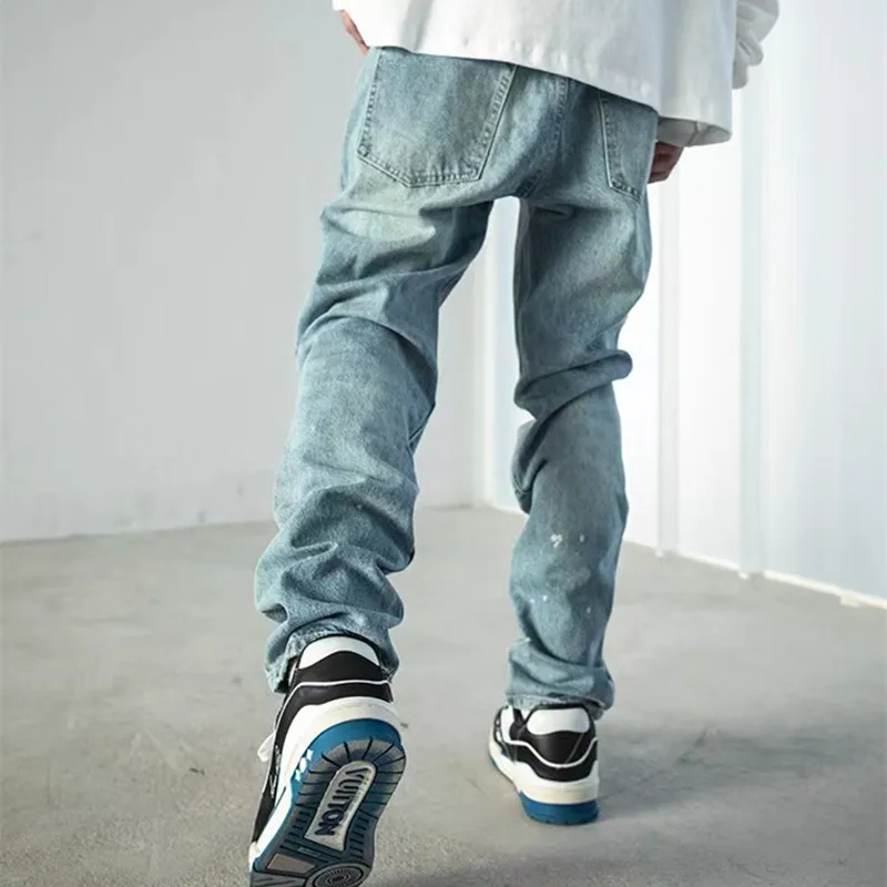 Y2K Streetwear Patch Embroidery Ripped Stacked Jeans Pants Men Clothing Straight Old Hip Hop Denim Trousers Pantalon Homme
