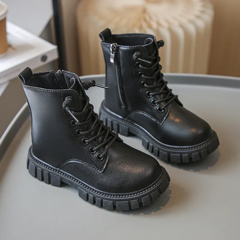 Spring Autumn Girls Ankle Boots Fashion School Kids Leather Boots Thick Bottom Non-slip Children's Platform Causal Boots Black