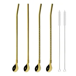 Elegant Silver Stainless Steel Straw Spoon Set - Reusable Mixing and Stirring Accessories with Cleaning Brush (6Pcs Gold)