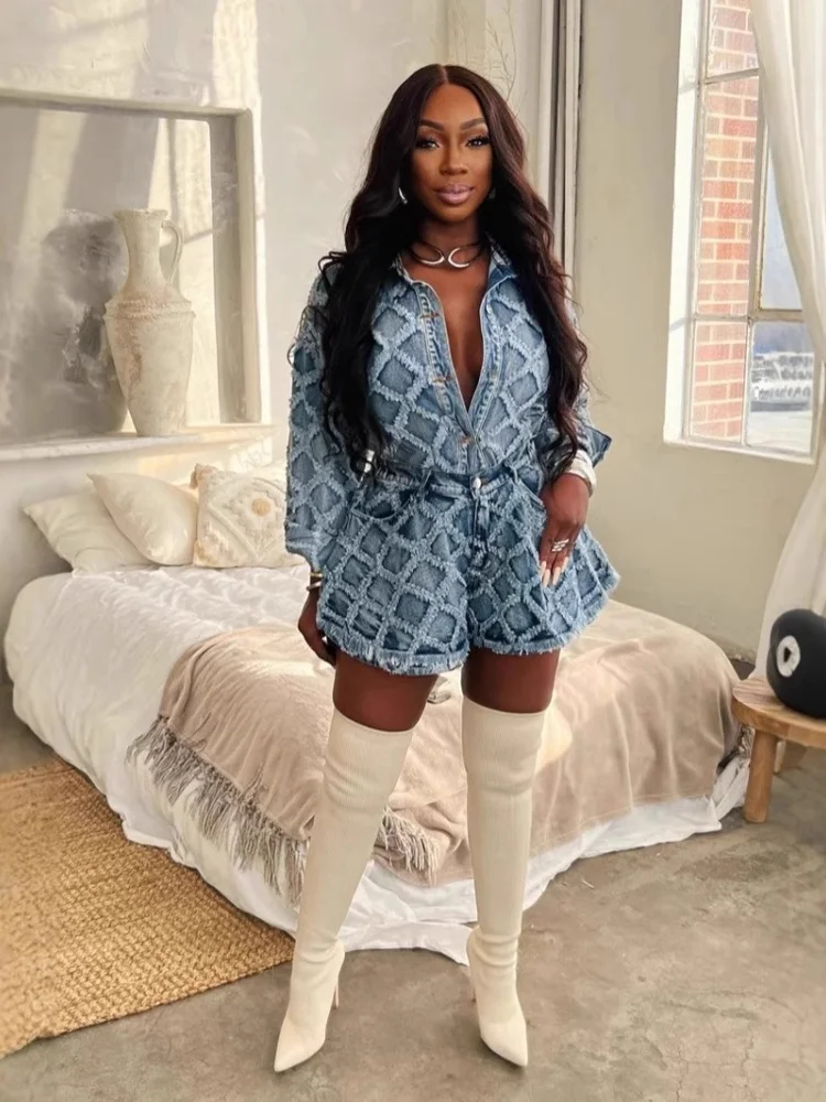 Wmstar Denim Two Pieces Sets Wholesale Button Top and Shorts Shorts New Style Matching Suit  Fall and Winter Clothing 2025