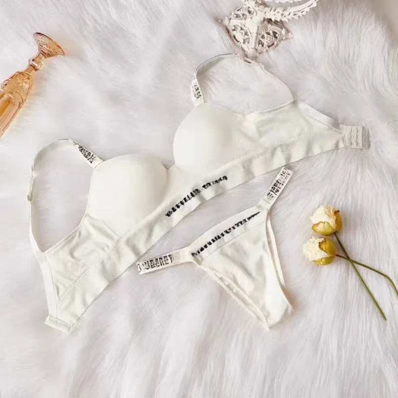 Rhinestone Lingerie Sexy Bra and Panty Sets Women Seamless Brassiere Smooth Surface Bralette Gathering Chest Push Up Underwear