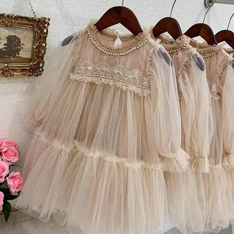 

2024 Fashion Spring Girl Party Dress Princess Beading Dress Children Mesh Pearls Dresses Teenager Girl Luxury Clothing