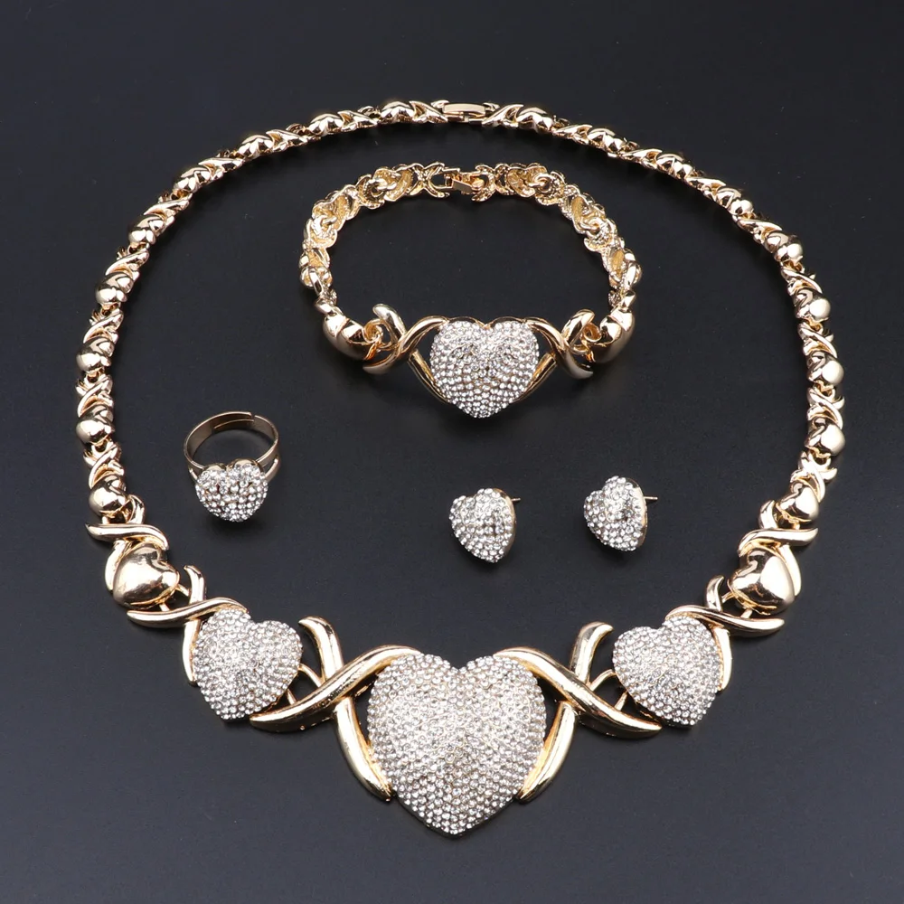 

Heart Jewelry Sest Dubai Gold Silver Plated For Women African Necklace Bracelet Earrings Set Crystal Nigerian Wedding Jewellery