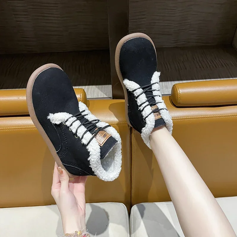 

Женские ботинки на шнуровке Anow, теплые кроссовки с коротким плюшем, повседневные уличные ботильоны на плоской подошве, для зимы