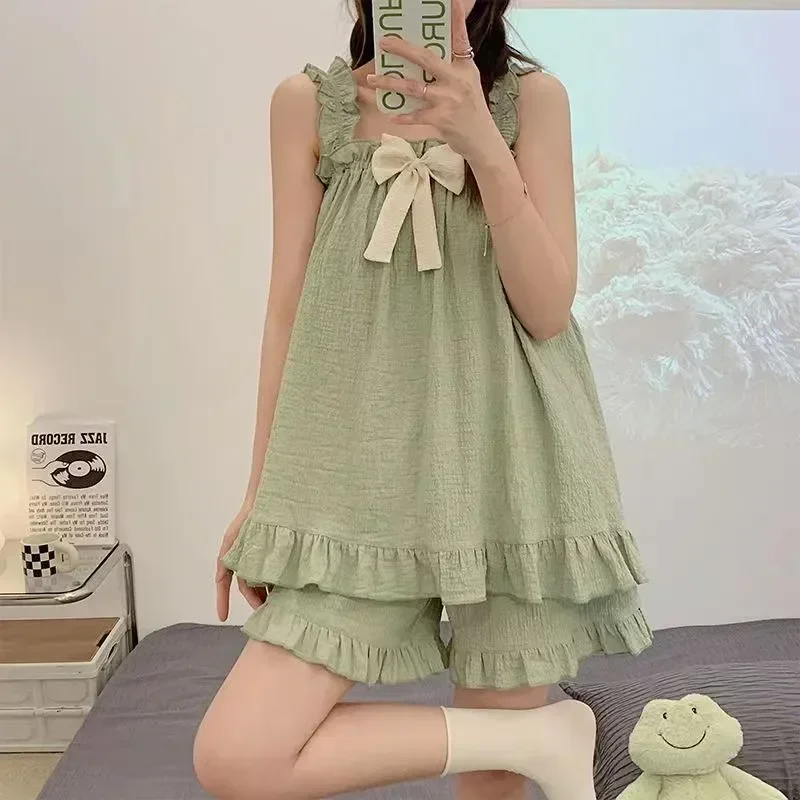 

Tender Sets Girlish Sweet Pajama Women Summer Homewear Bow Sleeveless Sleepwear Loungewear Soft Cozy Cool Comfortable Princess