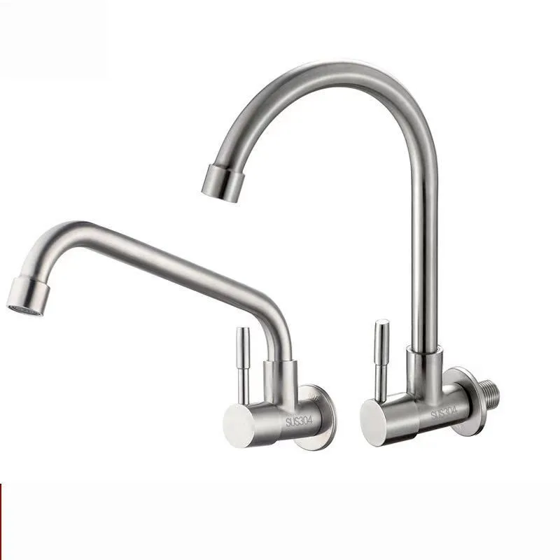 

304 stainless steel kitchen single cold water faucet wall type vegetable wash basin big bend faucet rotation 304 horizontal fauc