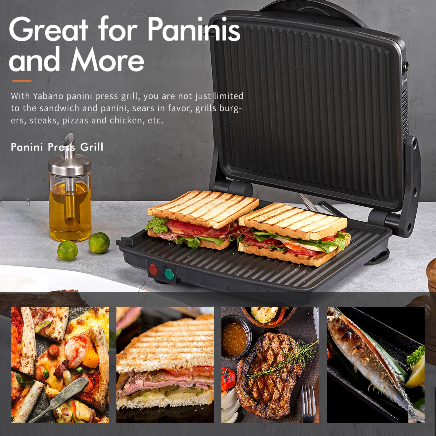 Panini Press Grill, Yabano Gourmet Sandwich Maker Non-Stick Coated Plates 11" x 9.8", Opens 180 Degrees to Fit Any Type or Size 4
