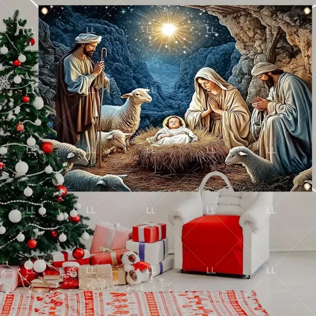 Starry Night Nativity Scene Backdrop - Traditional Christmas Party Decor and Photo Prop