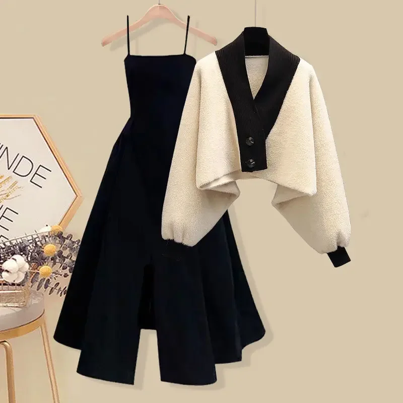 

Large Spring and Autumn Suit Women's 2023 New Korean Fashion Knitted Sweater with Slim Waist and Black Dress Two-piece Set T63