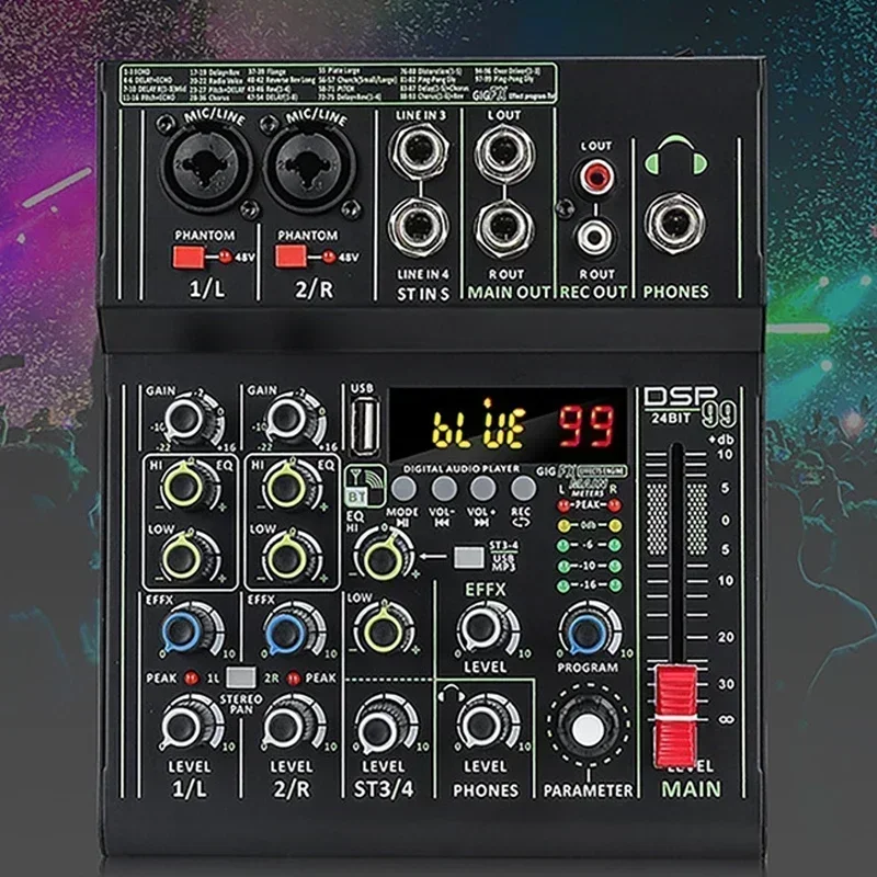 Mini 4 Channel Audio Mixer Individual +48V Phantom Power 99 DSP Effects Bluetooth USB Computer Play Record Mixing Console 2