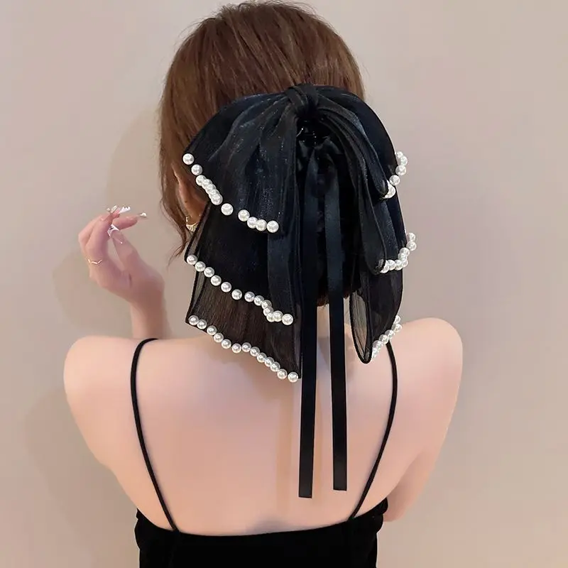 Women Elegant Korean Style Hair Accessories Bowknot Pearls Hair Claws Lady Delicate Hairpins Barrettes Ponytail Clip Headwear women sexy lace gloves summer cycling driving gloves elastic fishnet delicate gloves lady half finger glove fingerless sun glove