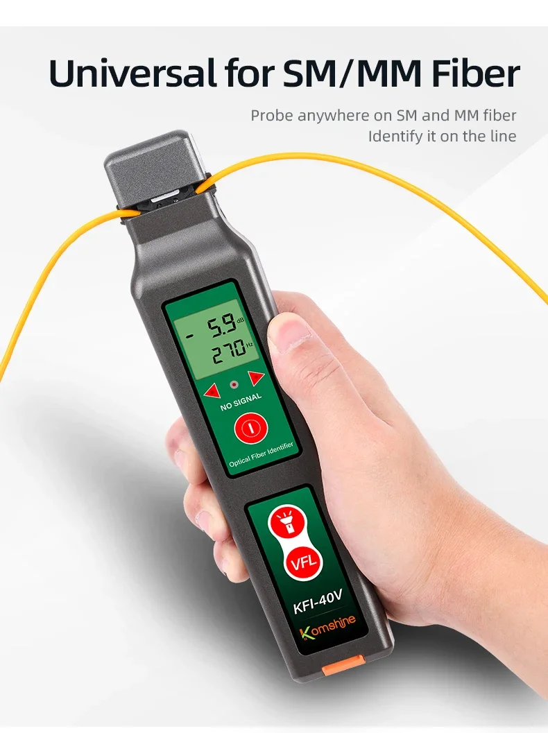 

Komshine KFI-40V Fiber Identifier Suitable for 0.25/0.9/2.0/3.0mm Can Identifies Dominant Traffic Direction Live Fiber