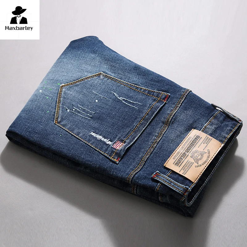 2024 Spring New Arrival Men's Jeans Fashion Retro Blue Hole Harem Pants Casual All-Match Stretch Slim-Fit Pants Brand Clothing