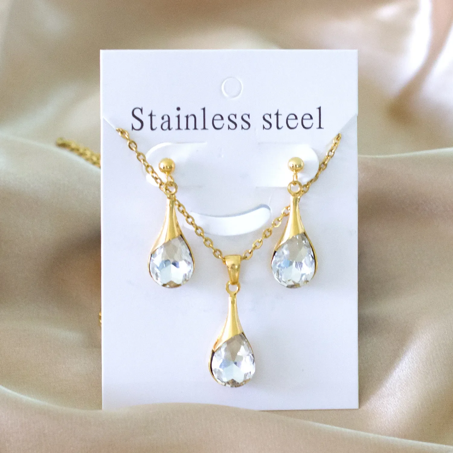 Jewelry Sets Korean Fashion Stainless Steel Jewelry Sets For Woman Water Drop Pendant Necklaces And Earrings Set Cubic Zirconia
