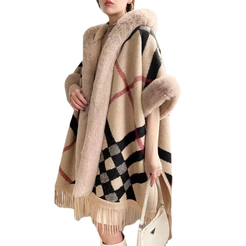 

Holifeni Women Winter Lining Velvet Thicken Knitted Loose Poncho Capes Tassel Cloak With Hat Fur Collar Warm Striped Long