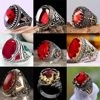 2025 New Inlaid Red Emerald Men's Ring Turkey Retro Domineering Personality Ring To Attend The Banquet High-quality Jewelry
