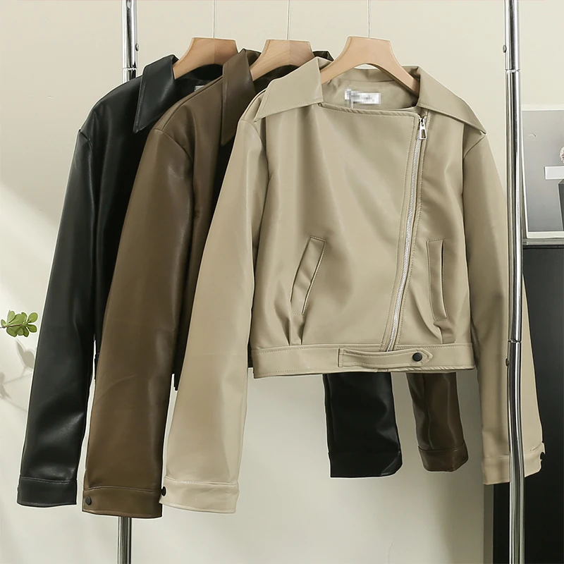 

Женская Асимметричная короткая мотоциклетная куртка, однотонная куртка из искусственной кожи с лацканами в американском винтажном стиле, осень 2023