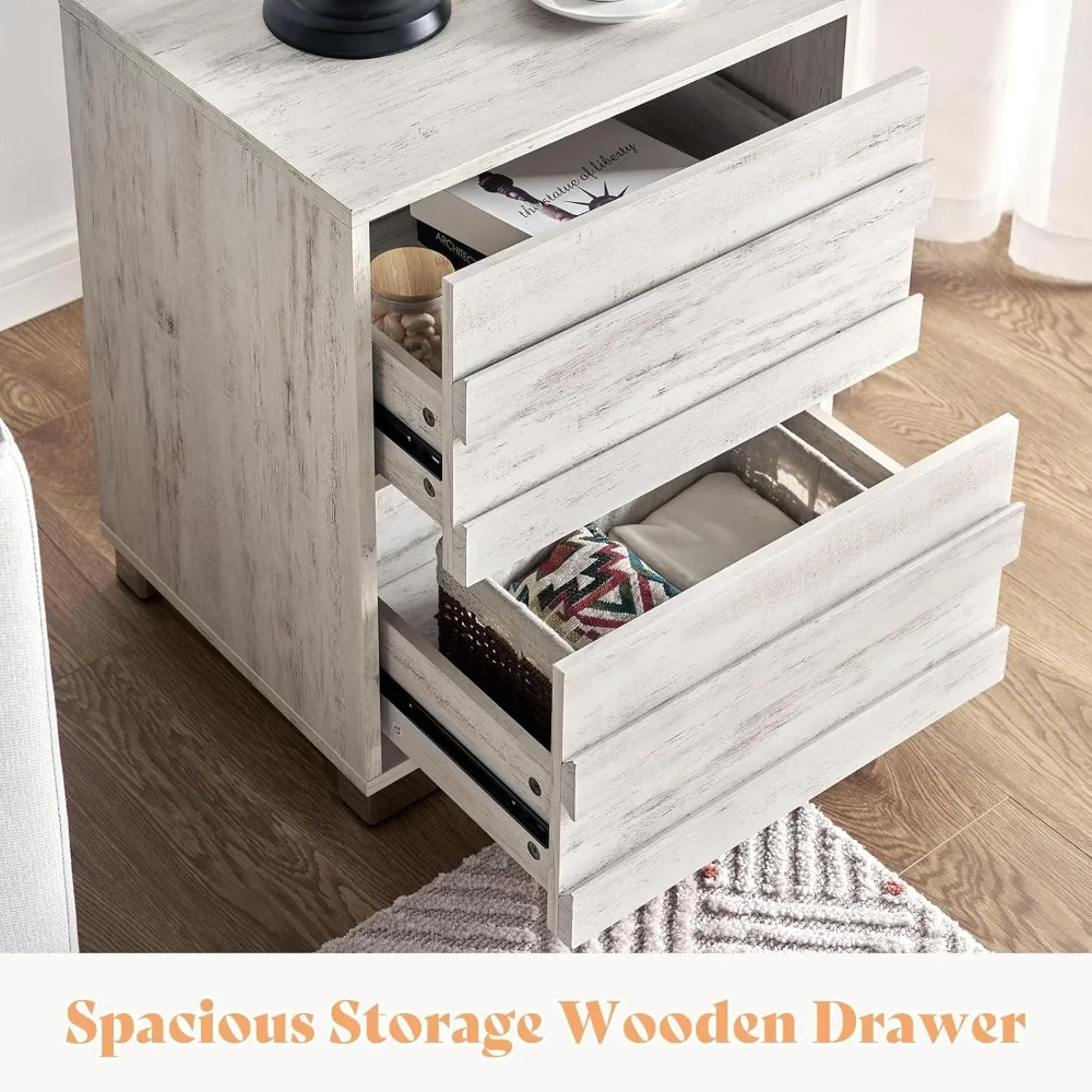 Nightstand Set of 2 with Charging Station, Wood Bedside Table with 2 Drawers, Farmhouse End Table with Slated Handles 6
