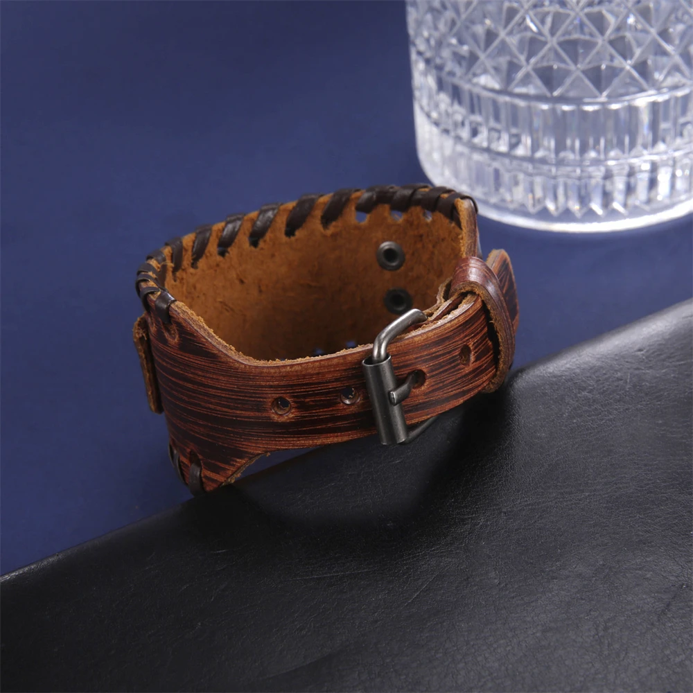 EUEAVAN Punk Death Skull Moth Genuine Wide Leather Bracelet Gothic Design Aesthetic Men Bangle Vintage Party Jewelry Accessories 5