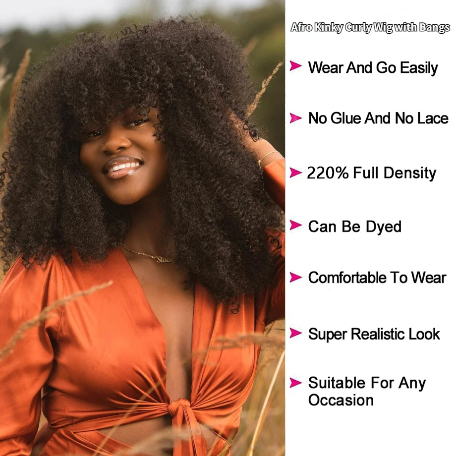 Bangs Wig Afro Kinky Curly Human Hair Wigs For Black Women Classical 4B 4C African Hairstyle 180% 220% Fluffy Bouncy Curls Sale