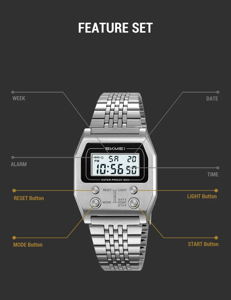 Herrklocka digital rostfritt stål sport retro led vattentät_voghion.com