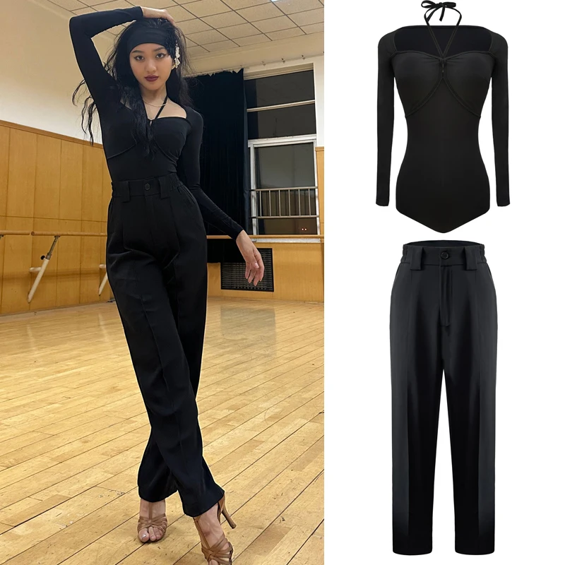 

Adults Latin Dance Clothes Black Latin Top Modern Dancing Pants Women Ballroom Dance Competition Practice Costumes SL7952