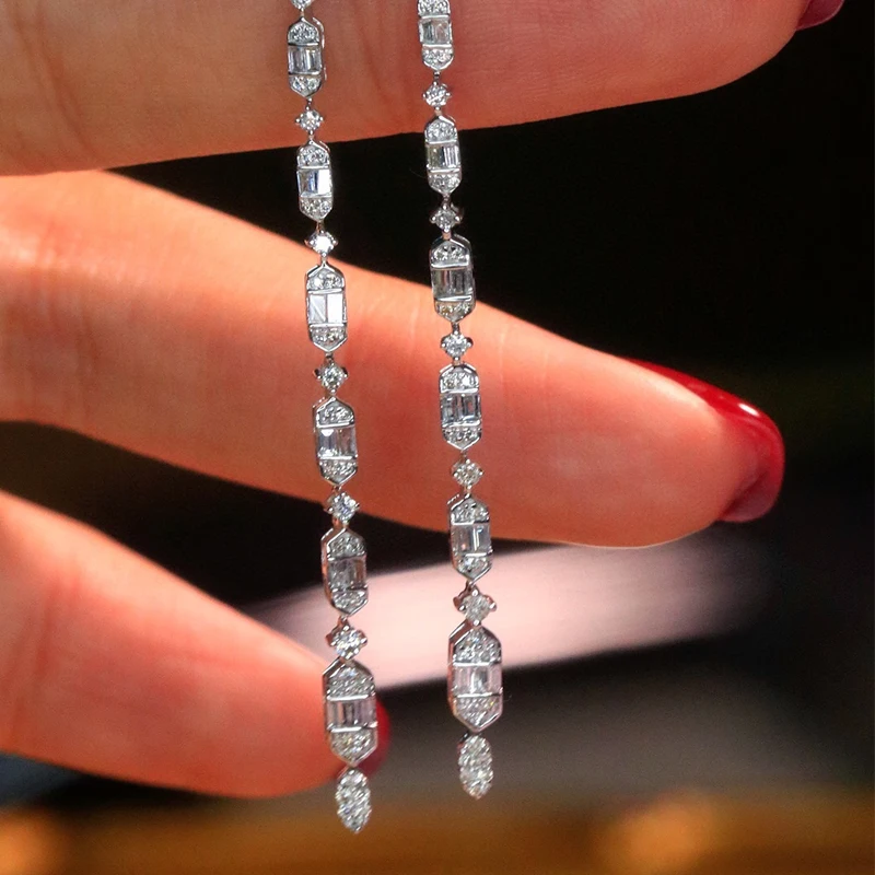 Aazuo 18K Pure Solid White Gold Real Diamonds 0.56ct Long Lines Stud Earrings Gifted For Women Wedding Birthday Party Au750